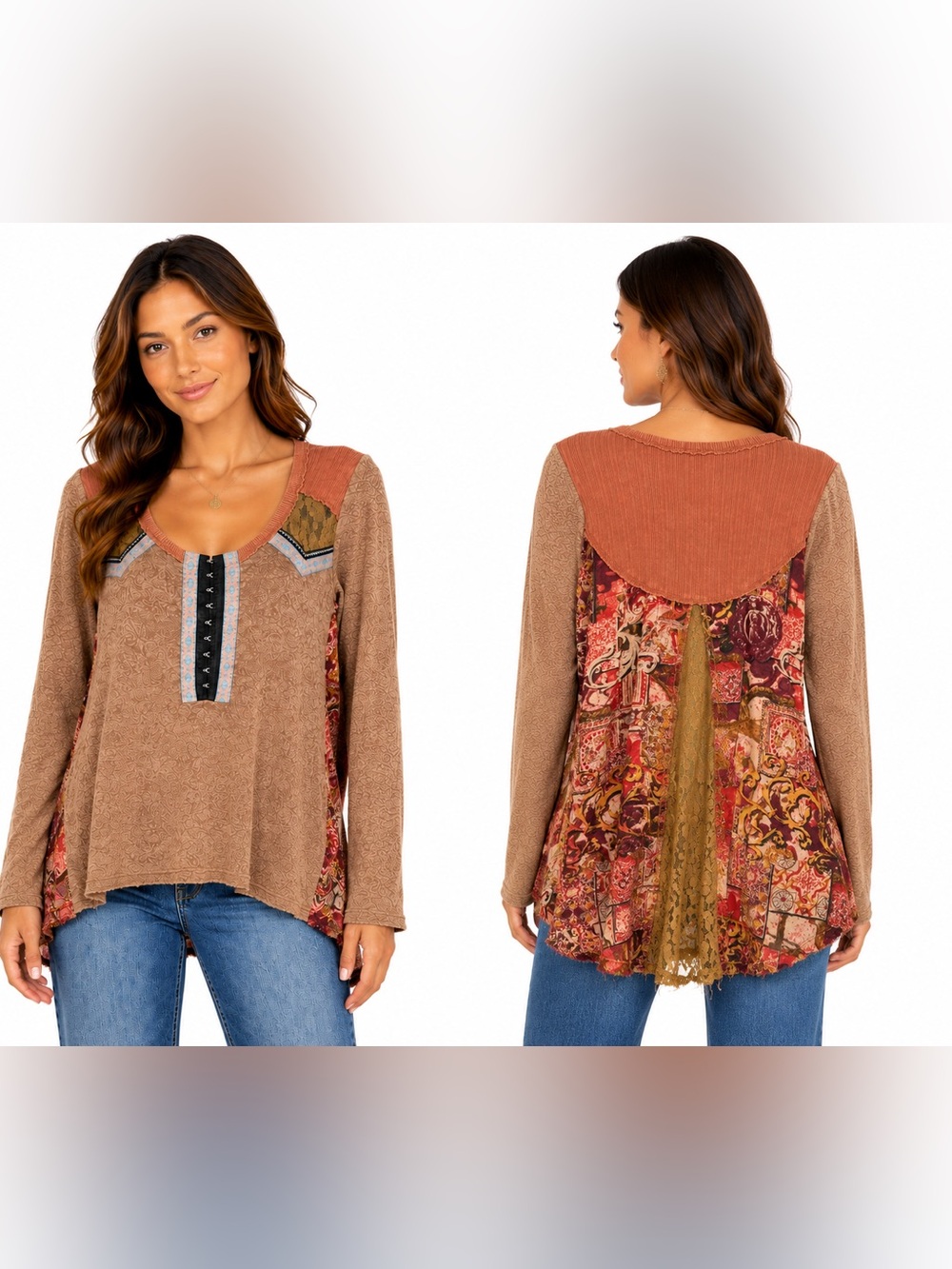 BKE Western Boho Thermal Knit Patchwork Paisley Lace Back Large cottagecore
